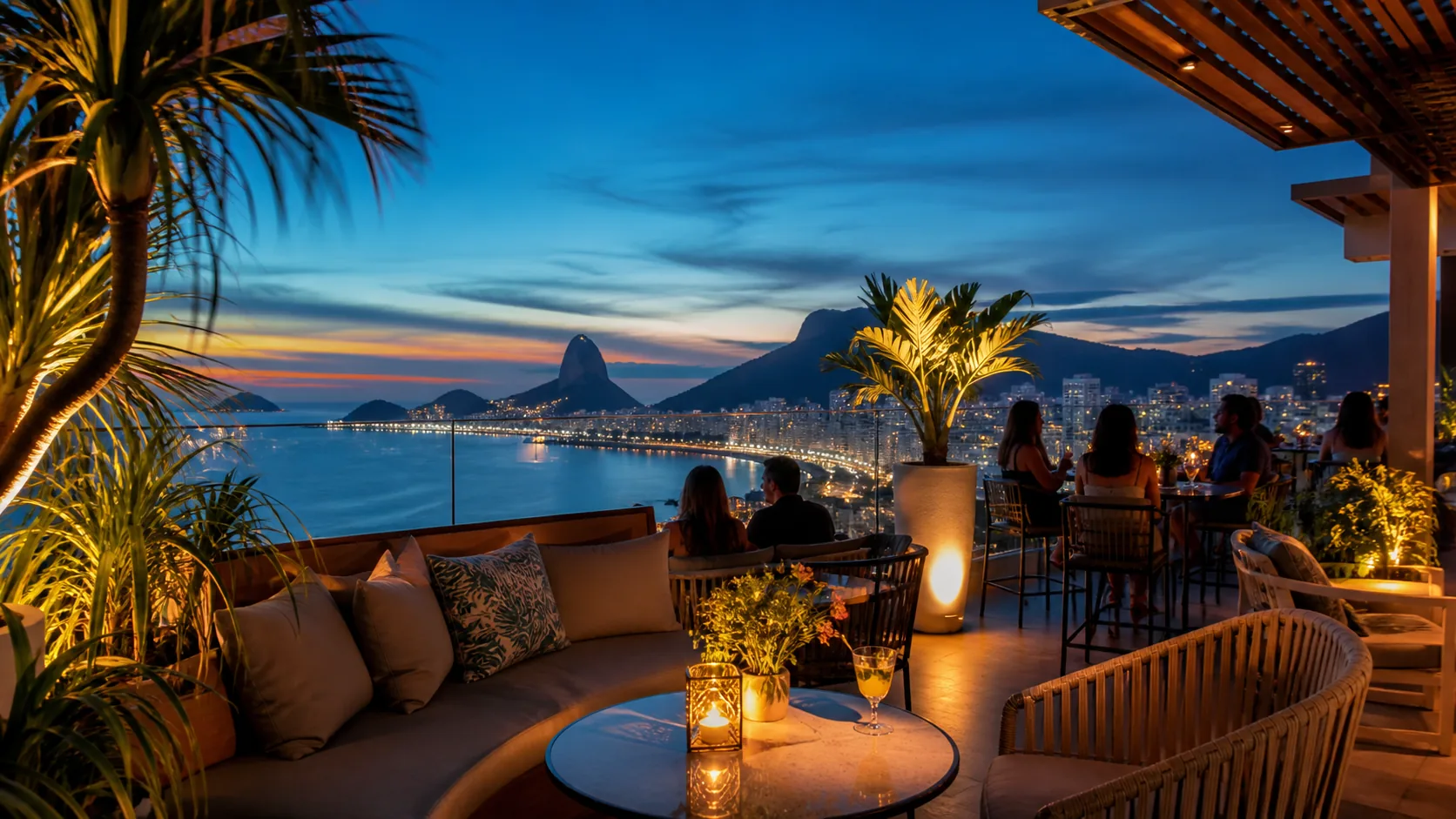Rio de Janeiro coastline, city lights and travel atmosphere