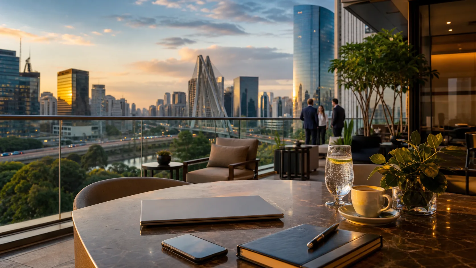 Elegant Sao Paulo business hotel terrace for international executives planning business travel in Brazil.